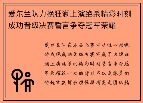 爱尔兰队力挽狂澜上演绝杀精彩时刻成功晋级决赛誓言争夺冠军荣耀